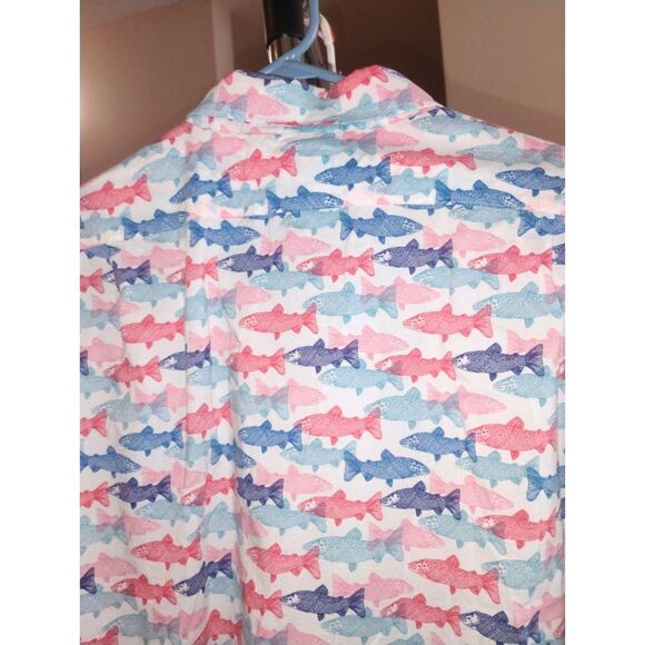 J. Crew Men's (L) Red & Blue Fish Print Shirt Slim Fit Short Sleeve Button Up - Picture 4 of 4